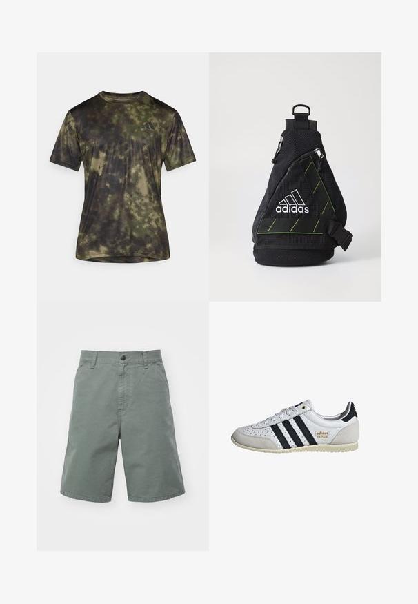 adidas Performance SEA TEE - Športové tričko - olive strata; Svetlozelené bavlnené šortky s uzáverom na gombík, pútkami na opasok a bočnými vreckami. Majú rovný strih a ľahkú textúru.; Biele tenisky s čiernymi pruhmi a zlatým brandingom. Obsahujú semišové a kožené materiály, perforovaný zvršok a textúrovanú gumovú podrážku.; Čierna taška na plece z látky s textúrovaným povrchom, biele logo, zelené akcenty, nastaviteľný popruh a predná zipsová kapsa. Kompaktný a trojuholníkový tvar.