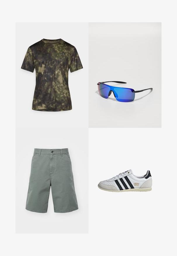 adidas Performance SEA TEE - Športové tričko - olive strata; Svetlozelené bavlnené šortky s uzáverom na gombík, pútkami na opasok a bočnými vreckami. Majú rovný strih a ľahkú textúru.; Biele tenisky s čiernymi pruhmi a zlatým brandingom. Obsahujú semišové a kožené materiály, perforovaný zvršok a textúrovanú gumovú podrážku.; Športové slnečné okuliare s čiernym rámom, modrými zrkadlovými šošovkami, ostrým tvarom a gumovými nosnými podložkami pre lepšiu priľnavosť. Šošovky majú gradientný tón.; Čierna taška na plece z látky s textúrovaným povrchom, biele logo, zelené akcenty, nastaviteľný popruh a predná zipsová kapsa. Kompaktný a trojuholníkový tvar.