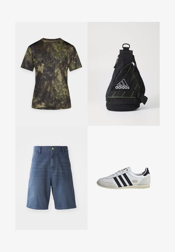 adidas Performance SEA TEE - Sport T-shirt - olive strata; Donkerblauwe denimshorts, met knoopsluiting, riemlussen en twee voorzakken. Soepele textuur met een rechte snit.; Witte sneaker met zwarte strepen en gouden branding. Bevat suède en leren materialen, geperforeerde bovenkant en een getextureerde rubberen zool.; Zwarte stoffen schoudertas met een gestructureerd oppervlak, wit logo, groene accenten, verstelbare schouderriem en een voorvak met rits. Compacte en driehoekige vorm.