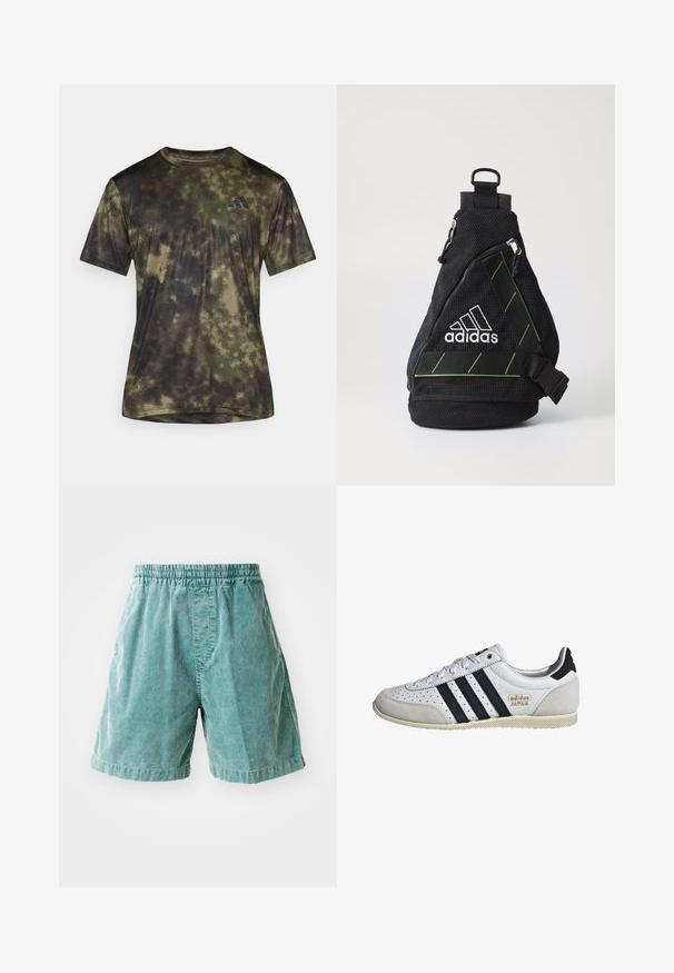adidas Performance SEA TEE - Sporta krekli - olive strata; Tirkīza krāsas korduroja šorti ar elastīgu jostu, ar sānu kabatām un taisnu griezumu. Tekstūrēta auduma ar redzamām ribām.; Balti sporta apavi ar melnām svītrām un zelta zīmolu. Izgatavoti no zamšādas un ādas, ar perforētu augšdaļu un teksturētu gumijas zoli.; Melns auduma plecu soma ar teksturētu virsmu, balto logo, zaļiem akcentiem, regulējamu siksnu un priekšējo kabatu ar rāvējslēdzēju. Kompakta un trīsstūrveida forma.