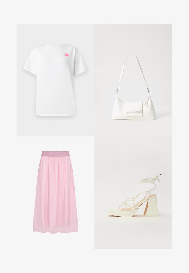 Balts kokvilnas t-krekls ar īsām piedurknēm, noapaļota kakla izgriezuma, ar mazu rozā ziedu rakstu kreisajā krūšu daļā.; Rozā tülļa svārki ar mīkstu, caurspīdīgu dizainu. Izceļas ar elastīgu jostasvietu un plūstošu siluetu, radot slāņu efektu.; Baltas augstpapēžu sandales ar masīvu papēdi, ar siksnu dizainu un potītes saistītiem elementiem. Gluda tekstūra ar platformu priekšpusē, lai nodrošinātu papildu augstumu.; Balta sintētiska soma ar trīsstūrveida formu, plakanu priekšējo vāciņu un loku detaļu, regulējamu siksnu, gludu tekstūru un minimālistisku dizainu.
