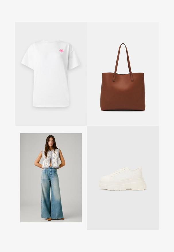 Biele tričko s krátkym rukávom z bavlny s okrúhlym výstrihom, na ktorom sa nachádza malý ružový kvetinový motív na ľavej strane hrude.; Žena v bezrukávovom bielom tielku s kvetinovým vzorom, v kombinácii s vysokými modrými nohavicami so širokými nohavicami a hnedými topánkami, stojí s rukami za chrbtom.; Biele plátené tenisky s hrubou podrážkou, zaoblenou špičkou a piatimi očkami na šnúrky. Zadný popruh pre jednoduché obúvanie. Hladká textúra, minimalistický dizajn.; Hnedá kožená taška na rameno s hladkou textúrou, otvoreným vrchom a dvoma ramenými popruhmi. Má minimálne šitia a žiadne viditeľné kovania.