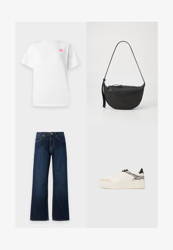 Balta trumpa rankovėmis marškinėliai, pagaminti iš medvilnės, su apvalia iškirpte, puošti maža rožine gėlės motyvu kairėje krūtinės pusėje.; Platus kojų tamsiai mėlyni džinsai, pagaminti iš džinsinio audinio, su užtrauktuku, mygtuko uždarymu ir dviem priekinėmis kišenėmis su kontrastinga siuvimo linija.; Even&Odd Sportbačiai - white/black; Juodas odinis peties krepšys, turintis kreivos formos, vieną diržą, užtrauktuką uždarymui ir subtilius siuvinėjimo detales ant korpuso.