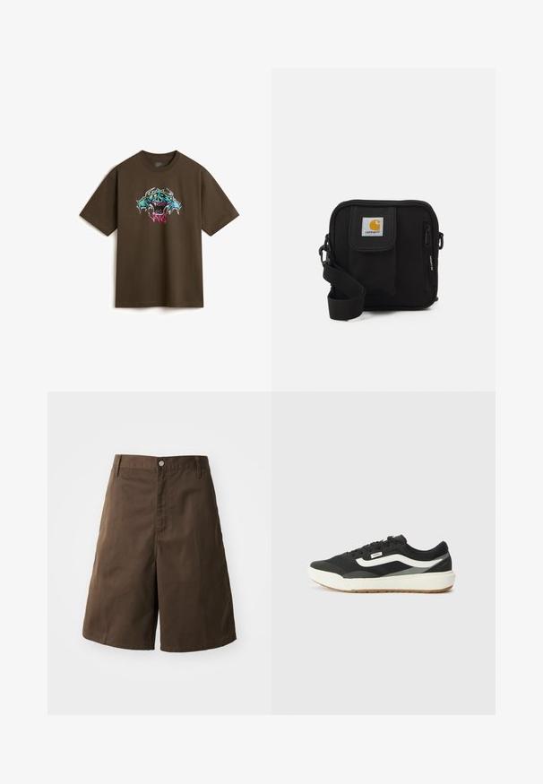 Hnědý bavlněný tričko s živým grafickým designem s modrými a růžovými akcenty, zobrazující stylizovanou tvář monstra a ostré ploutve.; Hnědé bavlněné kraťasy s rovný dělem, vybavené zapínáním na knoflík, poutek na pásek a bez viditelných vzorů nebo akcentů.; Černé sneakers s bílými detaily, se hladkým syntetickým povrchem, kulatým tvarem a gumovou podrážkou, spárované se světlými béžovými kalhotami.; Černá crossbody taška s hlavním oddílem na zip, přední kapsou, nastavitelním popruhem a viditelnou logem na klopě.