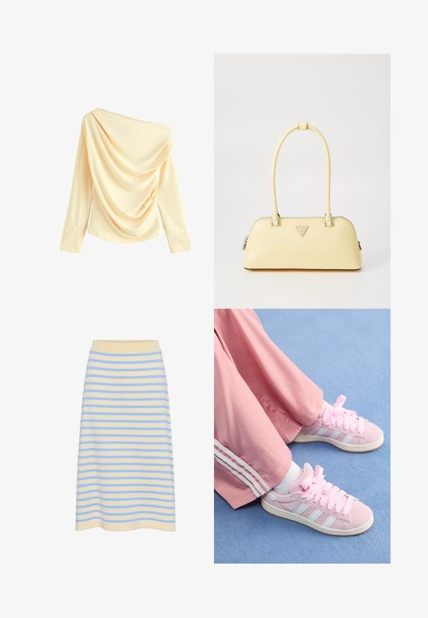 Off-the-shoulder cream top with draped fabric, long sleeves, and a smooth texture. Features an asymmetrical neckline and gathered detail.; Striped midi skirt in soft cotton with a light yellow base and blue horizontal stripes. Features a ribbed elastic waistband.; Pink athletic shoes with light blue stripes, round toe, and thick pink laces, paired with pink track pants featuring white side stripes.; Yellow patent leather handbag with a rounded shape, single top handle, and a silver logo plate. Features a zip closure and smooth texture.; Five bracelets: a dark wood bangle, two gold-tone metal chains, and two amber-colored resin rings with gold accents and smooth textures.
