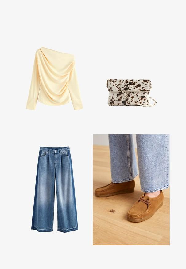 Õlgadeta kreemikas top, millel on lahtised kangastükid, pikad varrukad ja sile tekstuur. Omadusteks on asümmeetriline kaelus ja kokkupõimitud detailid.; Kergelt sinine kuni keskmise sinise tooniga laiemad denimipüksid, millel on kulunud pesu, klassikalised taskud ja nööbiga sulgur. Vastupidav puuvillane materjal.; Pruunid sametkingad ümarate varvastega ja heleda kummitaldaga, lihtsa nööridega disainiga, koos helesiniste teksapükstega.; Lehmustest nahkakott, millel on kreemi tooni põhi tumedate pruunide laikudega, ristkülikukujuline kuju, kokku klapitav klapp ja eemaldatav õlarihm.