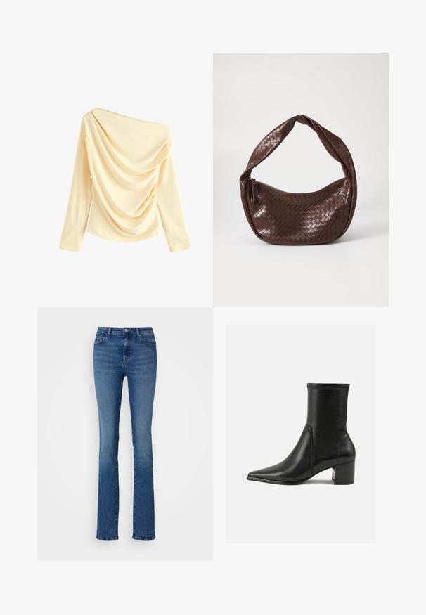 Off-shoulder krämfärgad topp med draperat tyg, långa ärmar och slät textur. Har en asymmetrisk halsringning och rynkad detalj.; ONLY Tall ONLSUI MID - Jeans slim fit - medium blue denim; Svart ankelboot i slät läder, med en spetsig tå, en blockklack och distinkt upphöjd söm längs den övre kanten.; Brun vävd läderhandväska med ett böjt, knutet handtag och en dragkedjestängning. Slät textur och rundad form.; Guldtonad metallarmband med en slät, glänsande yta. Den böjda designen har öppna ändar med en sömlös, minimalistisk form.