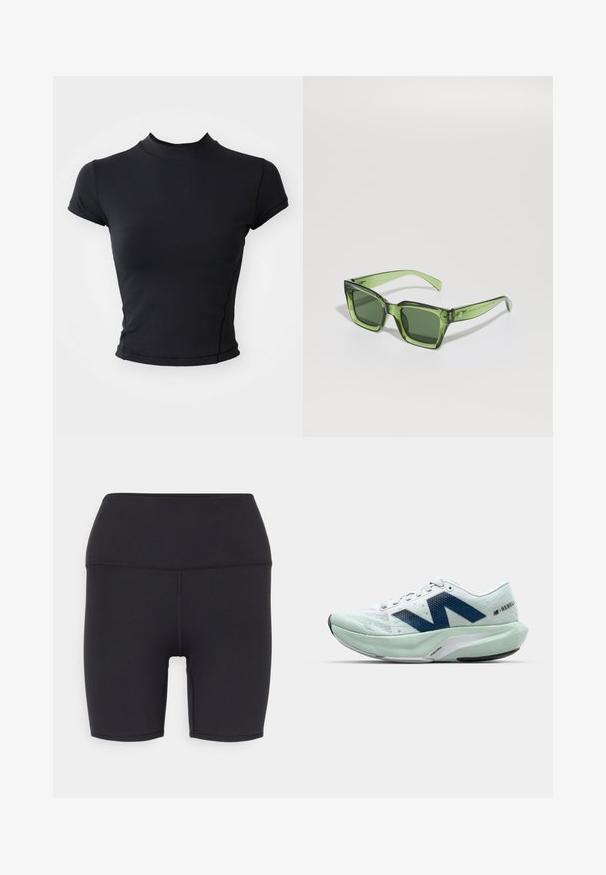 T-shirt noir court en tissu lisse et extensible, avec un col haut et des manches courtes, doté de coutures nettes et d'une silhouette ajustée.; Shorts de sport noirs en matériau extensible, avec une taille haute, une texture lisse et sans motifs ni accessoires visibles.; Chaussure de course légère en blanc et menthe clair, avec des accents bleus, un dessus en maille texturée et une semelle rembourrée avec un talon prononcé.; Lunettes de soleil rectangulaires vertes avec des verres sombres et solides, des montures épaisses transparentes et une légère finition brillante. Accents sur les branches.