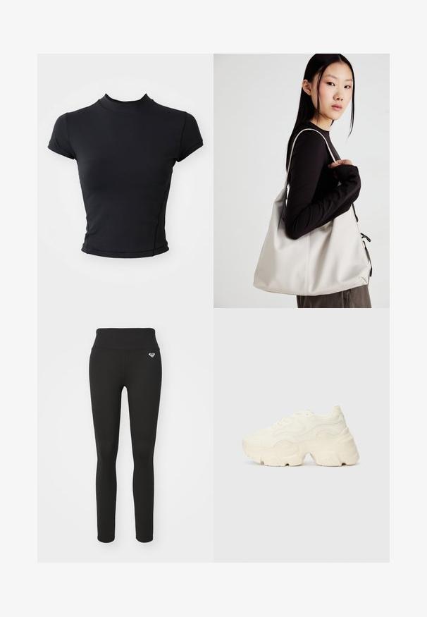 Schwarzes, kurzes T-Shirt aus glattem, elastischem Stoff mit hohem Kragen und kurzen Ärmeln, das saubere Nähte und eine figurbetonte Silhouette aufweist.; Schwarze Leggings mit hohem Bund, aus einem dehnbaren Material hergestellt. Mit einem kleinen Logo an der Hüfte und einer glatten, matten Textur.; Flockige weiße Sneaker aus strukturiertem Mesh und synthetischen Materialien, mit einer dicken Sohle und komplizierten Mustern entlang der Seiten.; Beige Handtasche aus weichem Material, mit einem lässigen Design, gesteppten Details und zwei Schulterriemen. Geeignet für den täglichen Gebrauch.