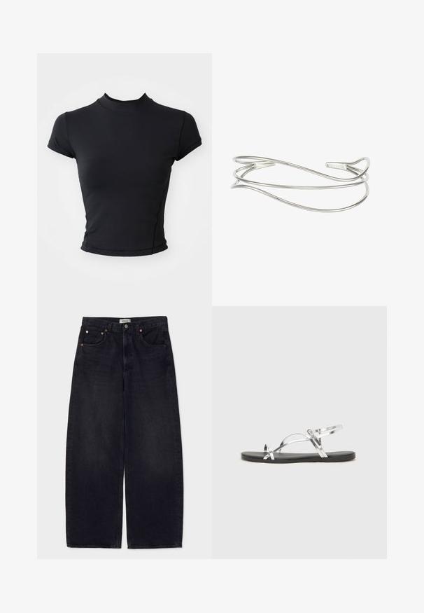 Black cropped t-shirt made of smooth, stretchy fabric with a high neck and short sleeves, featuring clean stitching and a fitted silhouette.; Wide-leg black denim jeans with copper buttons, two front pockets, and a smooth texture. Clean design with a straight cut.; Silver metallic sandals with a minimal design, featuring thin straps and a black flat sole. Highlights include cross strap accents.; Silver metal cuff bracelet featuring a fluid, open design with curved ends and subtle branding detail on the interior.