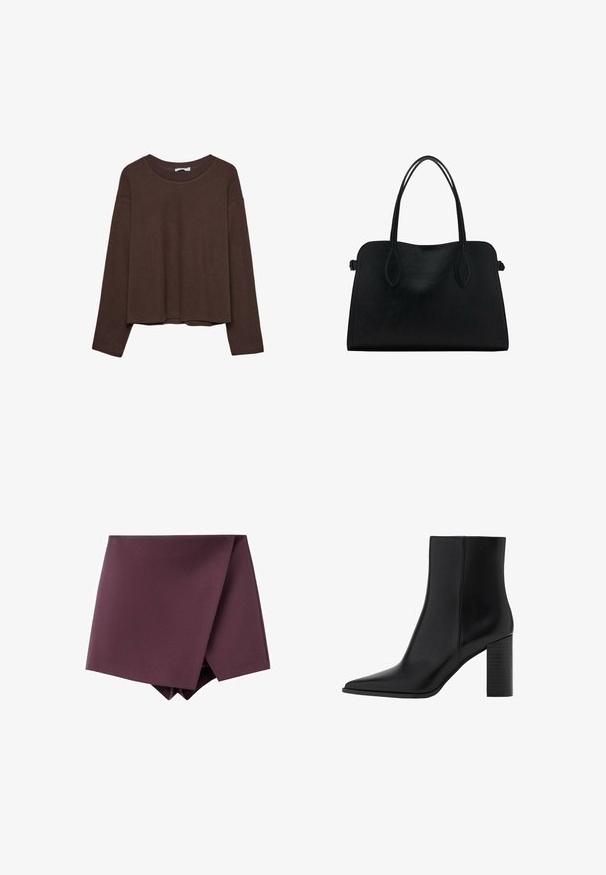 Bruine trui met een relaxte pasvorm, geribbelde halslijn en lange mouwen. Glad materiaal met een ronde zoom en geen zichtbare patronen of accenten.; Donkerpaarse asymmetrische mini-rok met een gewikkeld ontwerp aan de voorkant en een gladde stofstructuur.; Zwarte leren enkellaars met een spitse neus, vierkante hak, een gladde textuur en stikdetails langs de naden. De hakken zijn ongeveer 8,9 cm hoog.; Zwarte leren handtas met dubbele schouderriemen, rechthoekige vorm en minimalistisch ontwerp op een witte achtergrond.