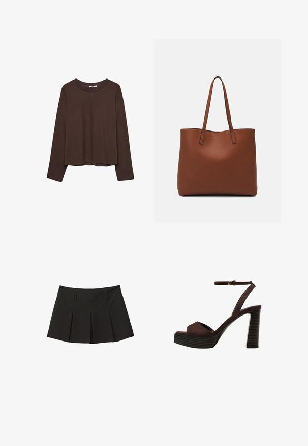 Maglione marrone con una vestibilità rilassata, colletto a coste e maniche lunghe. Tessuto liscio con orlo arrotondato e senza motivi o accenti visibili.; Gonna nera plissettata con vita aderente e una texture morbida. Progettata con pieghe frontali per aggiungere forma e stile.; Sandal in camoscio marrone con tacco alto, punta aperta, cinturino alla caviglia regolabile e suola a piattaforma striata.; Borsa tote in pelle marrone con texture liscia, design con apertura superiore e due spallacci. Presenta cuciture minime e nessun hardware visibile.