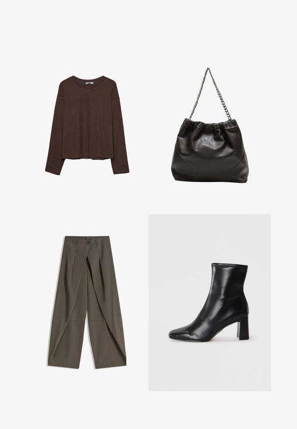 Ruskea neule, jossa on rento istuvuus, ribbestetty kaula-aukko ja pitkät hihat. Silkkinen pinta, pyöreä helma ja ei näkyviä kuvioita tai koristeita.; Laahustetut leveät housut tummasta harmaasta kankaasta. Varustettu etupleatilla, nappikiinnityksellä ja sivutaskuilla käytännöllisyyden vuoksi.; Mustat nahkaised kengät nilkalle, joissa on terävä kärki ja jämäkkä lohkareikä. Sileä pinta ja tyylikäs, minimalistinen muotoilu.; Ruskea nahkainen laukku, jossa on kerätty yläosa ja ketjuhihna. Tasainen pinta, jossa kiiltävä viimeistely ja hienovaraiset sauman yksityiskohdat sivuilla.