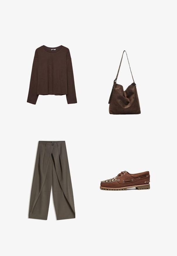 Brązowy sweter o luźnym kroju, z prążkowanym dekoltem i długimi rękawami. Gładka tekstura z zaokrąglonym dołem i bez widocznych wzorów ani akcentów.; Spodnie o szerokich nogawkach wykonane z teksturowanej, ciemnoszarej tkaniny. Posiadają fałdy z przodu, zapięcie na guzik oraz boczne kieszenie dla wygody.; Timberland - Buty żeglarskie; Brązowa zamszowa torba hobo z zaokrąglonym przodem, długim paskiem z akcentami w postaci kropek oraz miękką fakturą. Charakteryzuje się luźnym designem, idealnym do codziennego użytku.