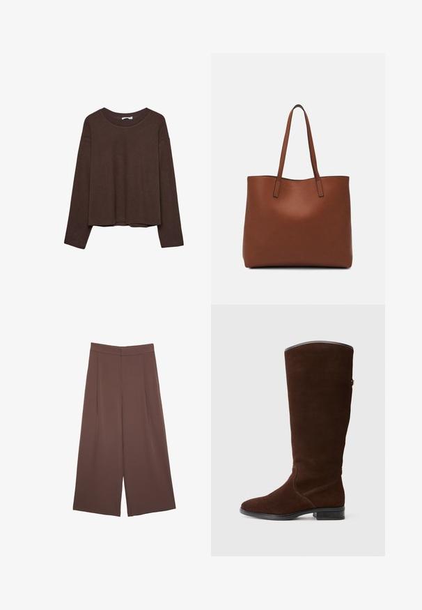Bruine trui met een relaxte pasvorm, geribbelde halslijn en lange mouwen. Glad materiaal met een ronde zoom en geen zichtbare patronen of accenten.; Bruine wijde broek met een gladde textuur, voorzien van een hoge taille en plooien aan de voorkant. De stof is lichtgewicht en valt losjes.; Bruine suède laarzen tot de knie met een ronde neus, subtiele stiksels en een lage blokhak. Glad materiaal aan de bovenrand.; Bruine leren tote bag met een gladde textuur, een ontwerp met een open bovenkant en twee schouderbanden. Kenmerkt zich door minimale stiksels en geen zichtbare hardware.