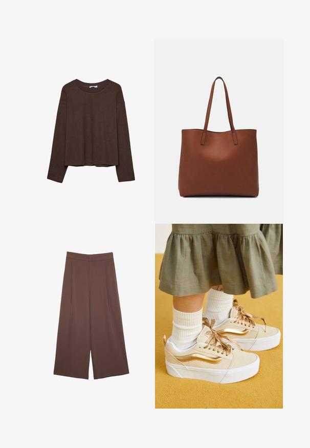 Brun sweater med en afslappet pasform, ribbet rullekrave og lange ærmer. Glat tekstur med en rund kant og ingen synlige mønstre eller accenter.; Brune bredbunde bukser med en glat tekstur, der har høj talje og plisseringer foran. Stoffet er let og falder løst.; Vans KNU STACK - Skatesko - high shine gold; Brun læder tote taske med en glat overflade, åben topdesign og to skulderremme. Har minimal syning og ingen synlig hardware.