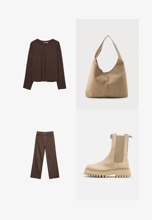 Brown sweater with a relaxed fit, ribbed neckline, and long sleeves. Smooth texture with a rounded hem and no visible patterns or accents.; Wide-leg brown jeans made of denim, featuring a high waist, front pockets, and a classic button closure. Smooth texture with subtle stitching.; Bronx GROOV-Y - Platform ankle boots - camel; Hobo bag in soft beige suede with a slouchy shape, wide shoulder strap, and a hand-stitched seam detail along the front.