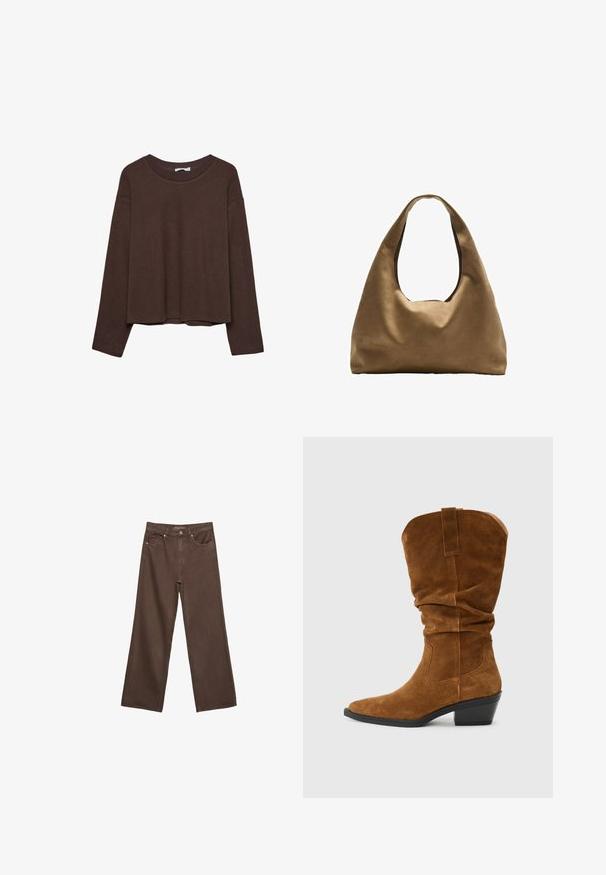 Hnedý sveter s uvoľneným strihom, s rebrovaným výstrihom a dlhými rukávmi. Hladká textúra s okrúhlym lemom a bez viditeľných vzorov alebo akcentov.; Džínsy s širokými nohavicami v hnedej farbe, vyrobené z denimu, so zvýšeným pásom, prednými vreckami a klasickým zapínaním na gombík. Hladká textúra s jemným prešívaním.; Hnedé semišové kovbojské topánky s voľným dizajnom, špicatou špičkou a vrstveným opätkom. Obsahujú akcenty z prešívania a pútko na zadnej strane.; Hnedá látková taška cez rameno s širokým, zaobleným telom a veľkým vyrezaným uchom. Mäkčená textúra, minimalistický dizajn a bez viditeľného kovania.