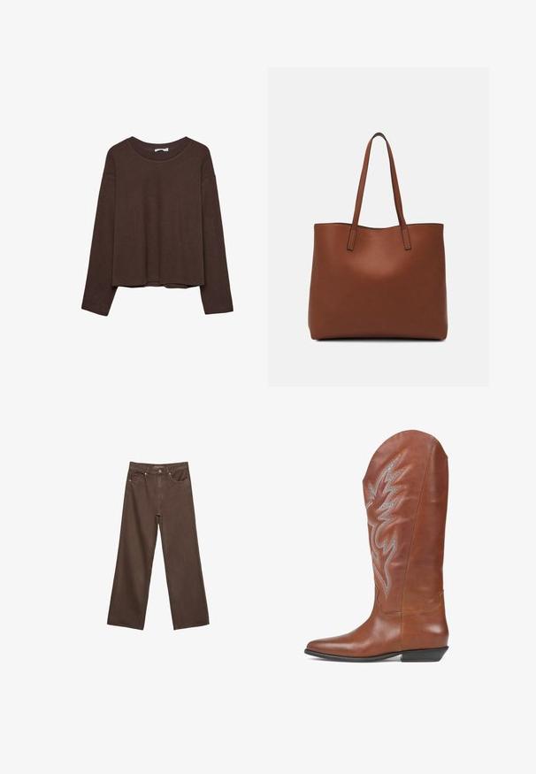 Brązowy sweter o luźnym kroju, z prążkowanym dekoltem i długimi rękawami. Gładka tekstura z zaokrąglonym dołem i bez widocznych wzorów ani akcentów.; Szerokie brązowe dżinsy wykonane z denimu, z wysokim stanem, przednimi kieszeniami i klasycznym zapięciem na guzik. Gładka faktura z subtelnym przeszyciem.; Brązowy skórzany kowbojski but z wydłużonym noskiem, sięgający do połowy łydki, ozdobne hafty w kształcie płomieni w srebrnym i pomarańczowym kolorze oraz niski, skośny obcas.; Brązowa skórzana torba tote o gładkiej fakturze, z otwartym wierzchem i dwoma ramiączkami. Charakteryzuje się minimalnym przeszyciem i brakiem widocznych elementów metalowych.