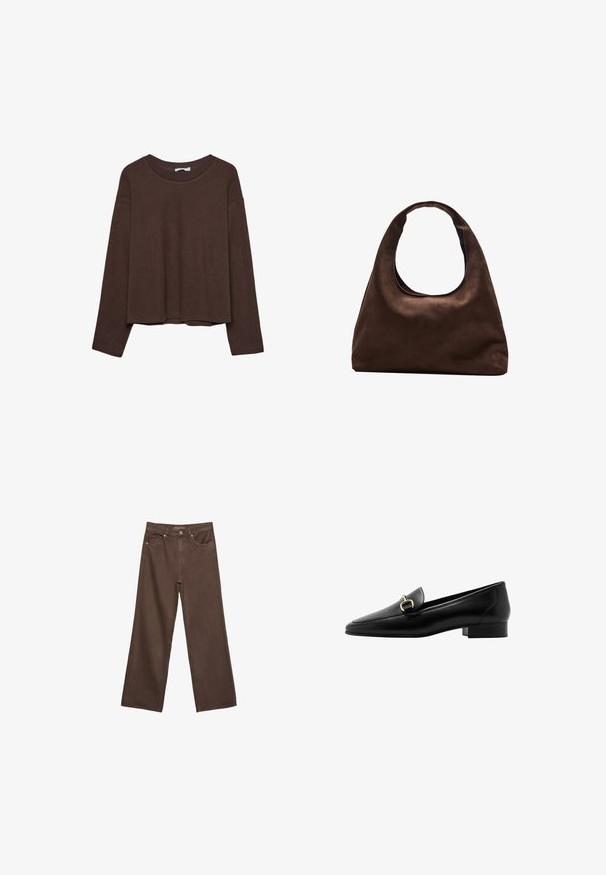 Brauner Pullover mit lockerer Passform, geripptem Kragen und langen Ärmeln. Glatte Textur mit abgerundetem Saum und ohne sichtbare Muster oder Akzente.; Weite braune Jeans aus Denim, mit hoher Taille, Fronttaschen und klassischem Knopfverschluss. Glatte Textur mit feinen Nähten.; Schwarze Lederloafers mit spitzem Zehenbereich, kleinem Blockabsatz und goldfarbenen Hardware-Details auf der Vorderseite. Glatte Textur und minimalistisches Design.; Weiche braune Hobo-Stil Handtasche mit einem einzigen breiten Trageriemen und einer geschwungenen Oberteilöffnung, auf einem weißen Hintergrund präsentiert.