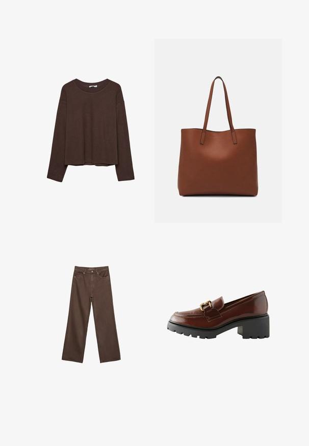 Brązowy sweter o luźnym kroju, z prążkowanym dekoltem i długimi rękawami. Gładka tekstura z zaokrąglonym dołem i bez widocznych wzorów ani akcentów.; Szerokie brązowe dżinsy wykonane z denimu, z wysokim stanem, przednimi kieszeniami i klasycznym zapięciem na guzik. Gładka faktura z subtelnym przeszyciem.; Brązowy skórzany mokasyn z zaokrąglonym noskiem, ozdobną złotą metalową aplikacją oraz grubą czarną platformą o strukturalnym wykończeniu.; Brązowa skórzana torba tote o gładkiej fakturze, z otwartym wierzchem i dwoma ramiączkami. Charakteryzuje się minimalnym przeszyciem i brakiem widocznych elementów metalowych.