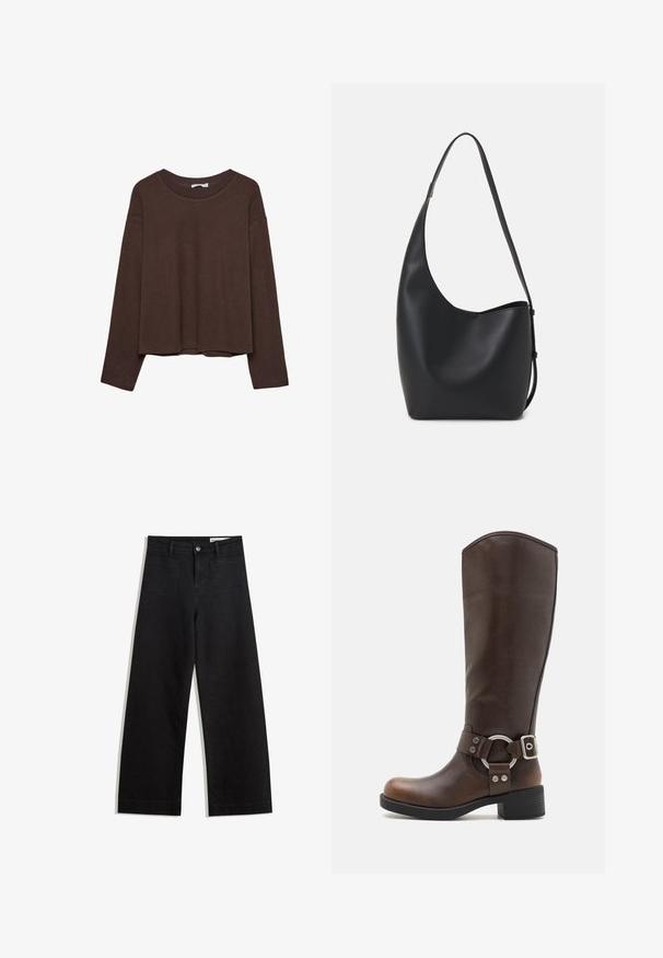 Brown sweater with a relaxed fit, ribbed neckline, and long sleeves. Smooth texture with a rounded hem and no visible patterns or accents.; Black wide-leg denim pants with a high waist, featuring front and back pockets, stitched seams, and a button closure. Smooth texture.; Brown leather knee-high boot with a round metal hardware accent and buckle. Slightly textured upper, stacked heel, and rounded toe design.; Black leather hobo bag with a smooth texture, curved shape, and single adjustable strap; features a wide opening at the top.