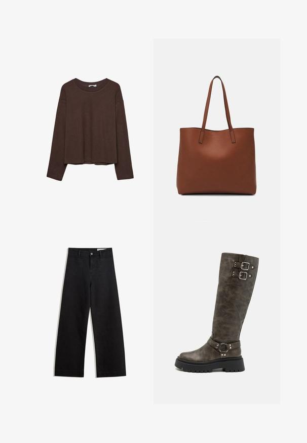 Brun tröja med avslappnad passform, ribbad halsringning och långa ärmar. Slät textur med rundad nederkant och inga synliga mönster eller accenter.; Svarta vida denimbyxor med hög midja, med fram- och bakfickor, sydda sömmar och knappstängning. Slät textur.; RAID DERRY - Högklackad stövel - grey; Brun läder tote-väska med en slät textur, öppen toppdesign och två axelremmar. Har minimal söm och ingen synlig metalldetalj.