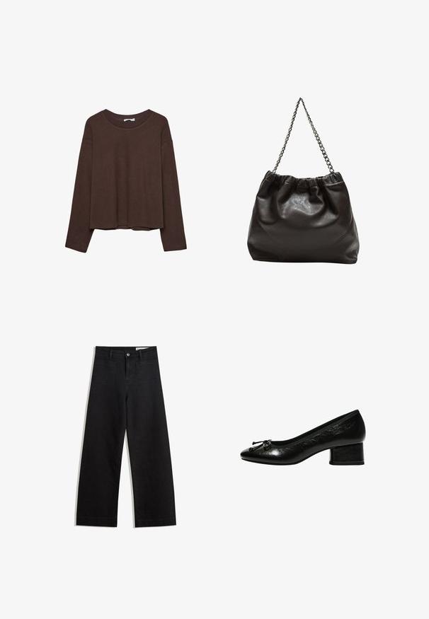 Hnedý sveter s uvoľneným strihom, s rebrovaným výstrihom a dlhými rukávmi. Hladká textúra s okrúhlym lemom a bez viditeľných vzorov alebo akcentov.; Čierne denimové nohavice s širokými nohavicami a vysokým pásom, so prednými a zadnými vreckami, šitými švami a zapínaním na gombík. Hladká textúra.; Čierne lakované kožené lodičky s guľatou špičkou, malým blokovým podpätkom a mašľou na prednej strane. Hladká textúra s lesklým povrchom.; Hnedá kožená taška so zberaným vrchom a reťazovým popruhom. Hladký povrch s lesklým finišom a jemným švom po stranách.