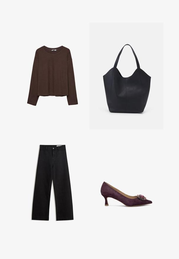 Brun tröja med avslappnad passform, ribbad halsringning och långa ärmar. Slät textur med rundad nederkant och inga synliga mönster eller accenter.; Svarta vida denimbyxor med hög midja, med fram- och bakfickor, sydda sömmar och knappstängning. Slät textur.; Lila mockasin med spetsig tå och en dekorativ juvelaccent på ovansidan. Har en låg, utsvängd klack för stabilitet.; Svart tote-väska i slät läder, med en böjd, öppen topp, två axelremmar och en minimalistisk design.