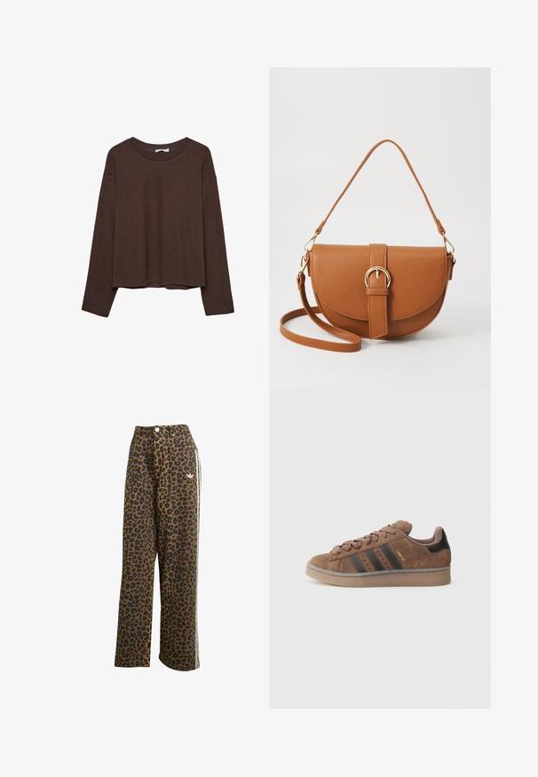 Hnědý svetr se uvolněným střihem, ribbovaným výstřihem a dlouhými rukávy. Hladká textura s kulatým lemem a bez viditelných vzorů či akcentů.; Kardiganové kalhoty s leopardím potiskem v hnědé barvě s černými skvrnami, s vysokým pasem a bílými bočními pruhy, vyrobené z bavlněné tkaniny.; Hnědý semišový teniska s třemi tmavými pruhy, strukturovaná šněrovací přední část a kontrastní černá pata. Má gumovou podrážku a zlaté logo.; Hnědá kožená křížová taška s zakřiveným tvarem, zlatými detaily a akcentem s přezkou. Obsahuje odnímatelný popruh na rameno.
