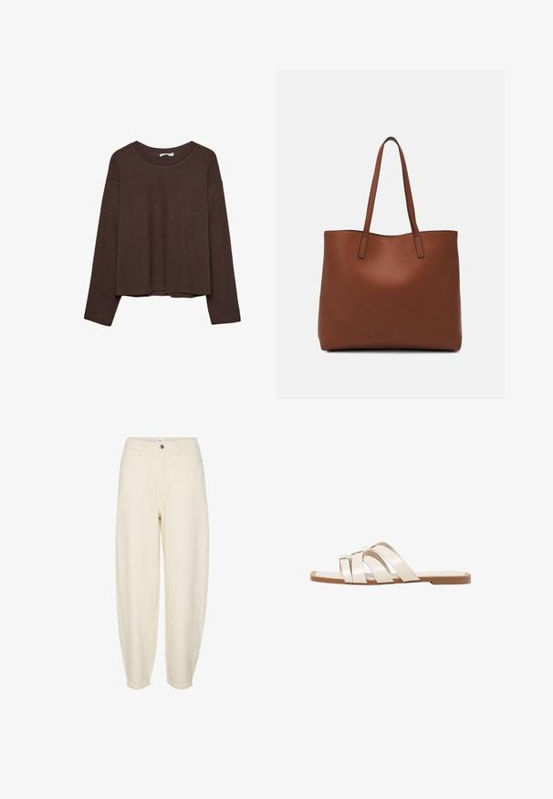 Hnedý sveter s uvoľneným strihom, s rebrovaným výstrihom a dlhými rukávmi. Hladká textúra s okrúhlym lemom a bez viditeľných vzorov alebo akcentov.; Svetlo béžové bavlnené nohavice s voľným strihom, zúženými nohavicami, prednými vreckami a jedným gombíkom na zapínanie v páse.; Ploché sandále s hnedou gumovou podrážkou, navrhnuté s tromi prekrývajúcimi sa bielymi koženými popruhmi a malou mašličkou uprostred.; Hnedá kožená taška na rameno s hladkou textúrou, otvoreným vrchom a dvoma ramenými popruhmi. Má minimálne šitia a žiadne viditeľné kovania.