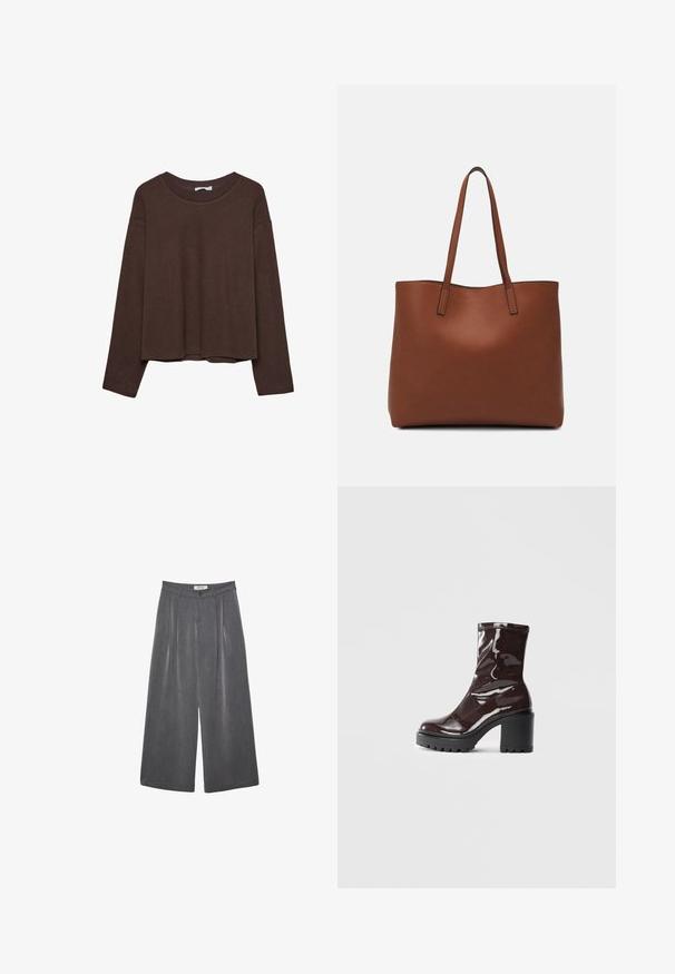 Pull marron à coupe décontractée, col côtelé et manches longues. Texture lisse avec un ourlet arrondi et sans motifs ni accents visibles.; Pantalons larges plissés en tissu gris foncé avec une texture subtile. Présente une fermeture à bouton et un design de taille classique.; Bottines bordeaux brillantes à talon épais noir, avec une texture lisse et un design simple. Aucune fermeture visible ni motifs.; Sac fourre-tout en cuir marron avec une texture lisse, design à ouverture supérieure et deux poignées pour le porter à l'épaule. Présente des coutures minimales et aucun matériel visible.
