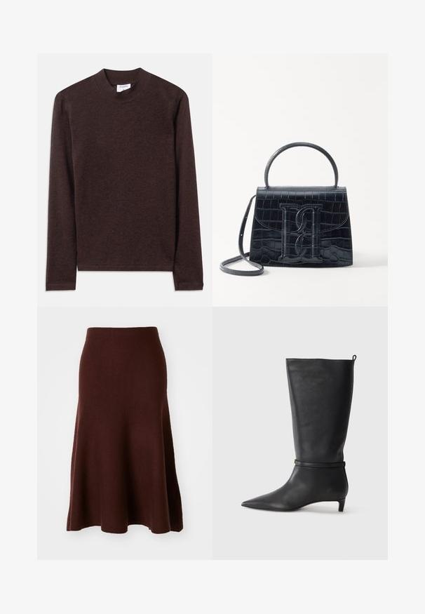 Top marrón de manga larga con cuello alto, hecho de una suave tela texturizada. Presenta un diseño simple y mangas rectas.; Falda marrón de lana merino, forma en A, textura suave, hasta la rodilla con un dobladillo acampanado, costuras mínimas, adecuada para uso casual.; Bota de cuero negro hasta la rodilla con punta afilada, acentuada por una correa circular alrededor del tobillo y un tacón bajo y afilado. Textura suave.; Bolso de mano de cuero negro con estampado de cocodrilo, diseño estructurado, asa superior, correa ajustable y un destacado detalle del logotipo en la parte frontal.