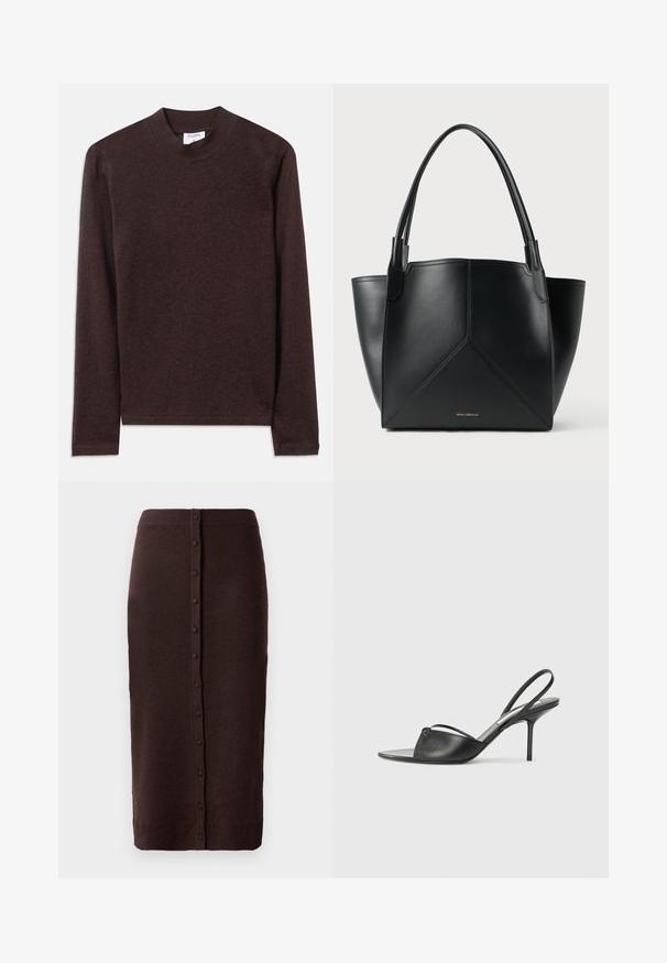 Brązowy długi rękaw top z wysokim dekoltem, wykonany z miękkiej, teksturowanej tkaniny. Charakteryzuje się prostym wzornictwem i prostymi rękawami.; Brąskowa dzianinowa spódnica z prążkowanym paskiem w pasie i prostym krojem. Posiada centralny zamek z guzikami biegnący wzdłuż tyłu.; Czarne skórzane sandały na wysokim obcasie z ostro zakończonym noskiem, cienkim paskiem wokół kostki i obcasem typu stiletto. Posiadają węzeł na przodzie.; Czarna skórzana torba typu tote z geometrycznym wzorem, z dwoma uchwytami i złotym logo z przodu. Gładka tekstura i strukturalny kształt.
