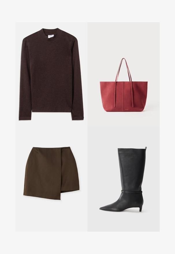 Top castanho de manga longa com gola alta, feito de um tecido suave e texturado. Apresenta um design simples e mangas de corte reto.; By Malene Birger RAYE - Saia evasé - dark mahogany; Bota preta de couro até ao joelho com bico fino, realçada por uma tira circular ao redor do tornozelo e um salto baixo e afunilado. Textura suave.; bolsa tote de camurça vermelha com duas alças longas, design minimalista e textura suave, apresentando uma costura central e um detalhe discreto do logotipo.