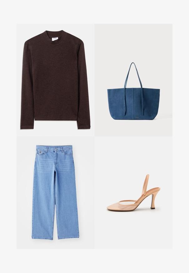 Brown long-sleeve top with a high neckline, made of soft, textured fabric. Features a simple design and straight-cut sleeves.; Light blue wide-leg jeans made of denim, featuring a classic five-pocket design and a button-fly closure. Smooth texture, frayed hem.; Nude mesh slingback heel with a pointed toe, slender ankle strap, and a stiletto heel featuring a black accent at the base.; Blue suede tote bag with two long handles, rectangular shape, smooth texture, minimalistic design, featuring a subtle logo on the front.
