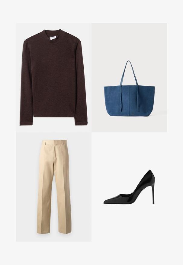 Top lung cu mânecă lungă, de culoare maro, cu un guler înalt, fabricat dintr-un material moale, texturat. Are un design simplu și mâneci tăiate drept.; Pantaloni bej croiți cu un design cu picior drept, având o textură netedă, plissuri frontale centrale și un talie clasică.; Pantofii cu toc înalt din piele patent neagră, cu vârful ascuțit, textură netedă, toc subțire stilettos, design minimalist, fără modele vizibile sau elemente de hardwear.; Geantă tote de culoare albastră, din suede, cu două mânere lungi, formă rectangulară, textură netedă, design minimalist, având un logo discret pe față.
