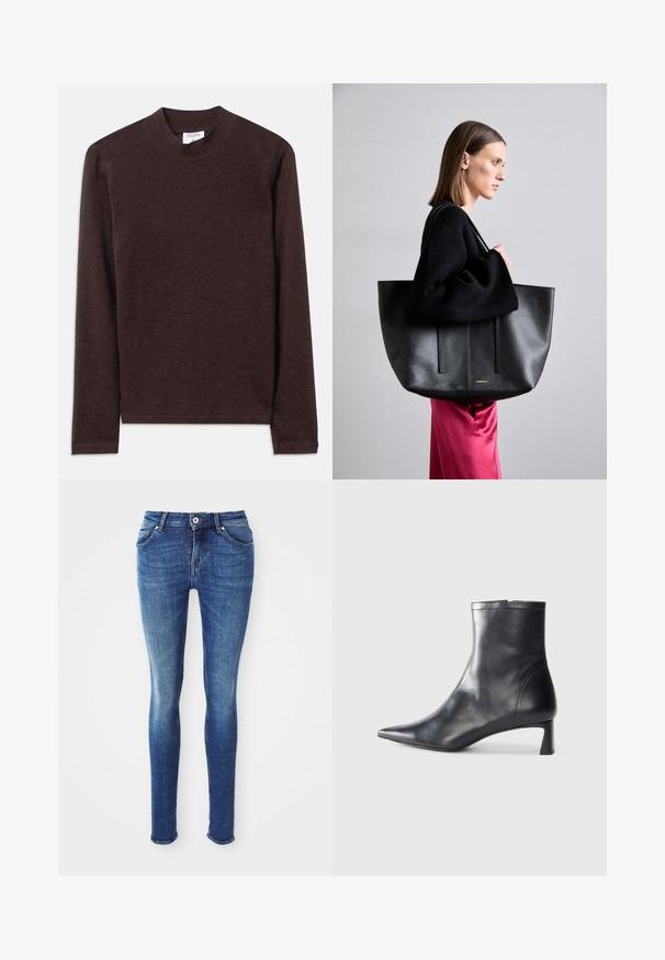 Rudas ilgomis rankovėmis palaidinė su aukštu kaklu, pagaminta iš minkštos, tekstūrinės medžiagos. Pasižymi paprastu dizainu ir tiesiais rankovėmis.; Mėlynos džinsinės liesos kelnės su lygiu paviršiumi, vidutinio aukščio juosmeniu, penkiomis kišenėmis ir šviesiu blukimu ant šlaunų. Yra metalinė saga ir užtrauktukas.; Juodas odinis kulkšninis batas su smailiu pirštu ir elegantišku dizainu. Turi žemą kulną ir užtrauktuką gale. Lygi tekstūra.; Juodas odinis rankinės modelis su tekstūruotu paviršiumi, turintis dvi vertikalias linijas, dvi petinių dirželių poras ir minimalistinį dizainą.