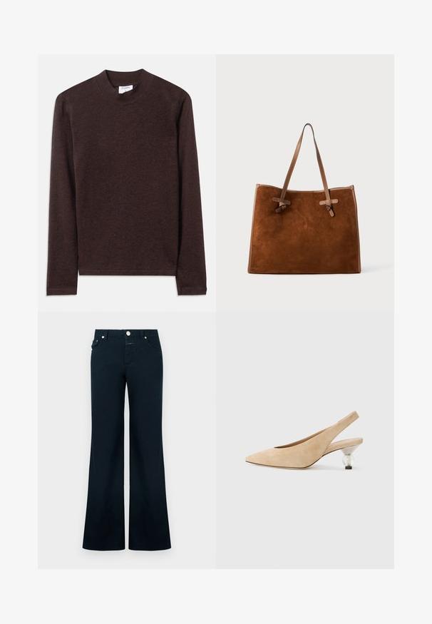 Rjav dolg rokav s visokim ovratnikom, izdelan iz mehkega, teksturiranega materiala. Ima preprost dizajn in naravnost krojene rokave.; Temno modre široke hlače iz bombaža. Imajo sprednje žepe, zapenjanje na gumb in gladko teksturo brez vidnih vzorcev ali poudarkov.; Bežna suknja s peto s prozornim, okruglim petom. Gladak tekstura in minimalističen dizajn.; Rjava semiš torba s dvema usnjenima ročajema, ravne oblike, z vgrajenimi šivi in detajlom vozla na straneh. Brez vidnih zapiranj.