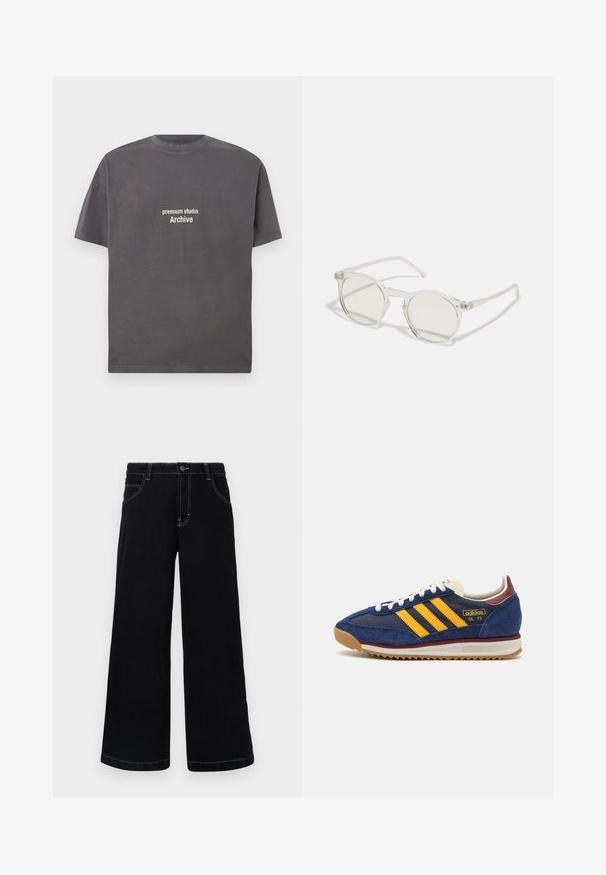 Šedé bavlněné tričko s kulatým výstřihem, krátkými rukávy a potiskem textu "premium studio Archive" v bílé barvě na přední straně.; Černé kalhoty širokého střihu vyrobené z denimu, s knoflíkovým zapínáním, pěti kapsami a kontrastním bílým prošíváním podél švů.; Námornická semišová teniska s žlutými pruhy, bílými tkaničkami a burgundskými akcenty. Texturovaná podrážka s drážkami pro lepší přilnavost. Logo značky na boku.; Kulaté sluneční brýle s průhledným rámem, světle zelenými čočkami a tenkými, průhlednými bočními částmi. Rám má jemné kovové akcenty.