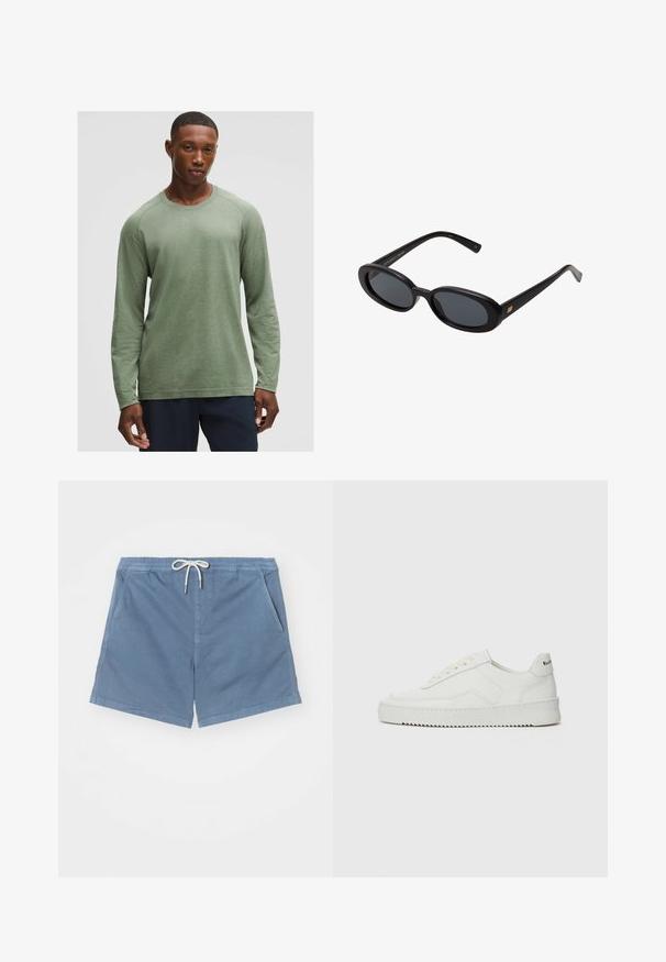Camisa de manga larga en verde apagado con un patrón texturizado, cuello redondo y mangas raglán, hecha de tejido suave y ligero.; NN.07 GREGOR - Shorts - blue; Zapatilla de cuero blanca con un acabado suave, puntera redonda, cordones planos y suela texturizada. Cuenta con un sutil logo en el talón.; Gafas de sol grandes de color negro con lentes ovalados, montura de plástico suave y detalles dorados en las patillas. Los lentes oscuros ofrecen protección solar.