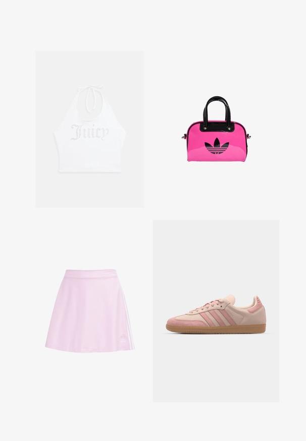 Biely top na halterneck z mäkkého materiálu, s kamienkovým nápisom "Juicy" vpredu. Uväzuje sa na krku pre nastaviteľné prispôsobenie.; Ružová atletická sukňa vyrobená z hladkej látky, s rozšíreným strihom, bielymi bočnými prúžkami a vyšitým logom na leme.; adidas Originals SAMBA OG - Tenisky - quartz/mauve; Ružová lakovaná kabelka s čiernym logom a rúčkami, s zaobleným tvarom a zipsovým uzáverom. Lesklý povrch zvyšuje viditeľnosť.