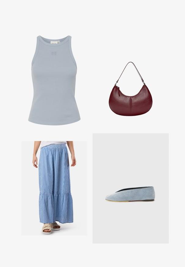 Helles, blaues, ärmelloses Ripp-Top mit rundem Ausschnitt und kleinem Logo, das mittig aufgestickt ist. Glatte Textur, figurbetonter Schnitt.; Maxikleid mit blauen und weißen Streifen, elastischem Bund, gerafften Lagen und einem leichten Stoff. Kombiniert mit flauschigen Sandalen.; Denim Slipper in Hellblau mit glatter Textur, mandelförmiger Spitze und flacher schwarzer Sohle. Minimales Design mit niedrigem Profil.; Weinrote Lederhandtasche mit einer geschwungenen Form. Verfügt über einen einzelnen Schulterriemen und einen oberen Reißverschluss, der eine glatte, strukturierte Oberfläche präsentiert.; Silberne Halskette mit einem glatten, ovalen Anhänger, der mit einem gravierten Smiley-Gesicht und grünen Akzenten verziert ist. Die Kette hat ineinandergreifende Glieder.