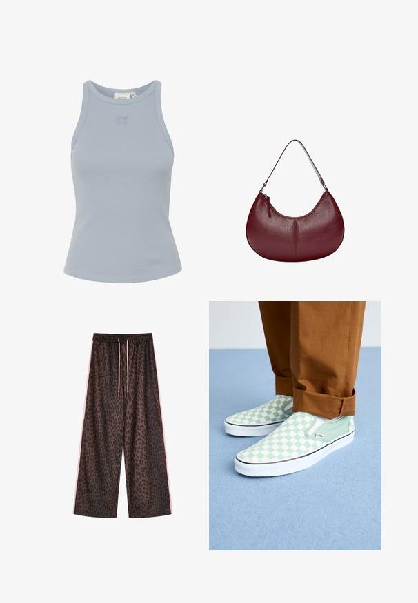 Svijetloplavi bezrukavnik s rebrastim uzorkom, okruglim izrezom i malim logotipom izvezemim u središtu. Glatka tekstura, uska silueta.; Hlače širokog kroja u leopard uzorku u smeđoj i crnoj boji, s elastičnim strukom i ružičastim vezicama te bočnim ružičastim trakama. Glatka tekstura tkanine.; Stopala u smešnim hlačama s okovratnikom nose pastelno zelene i bele karirane slip-on Vans tenisice na svetloplavom tepihu.; Bordo kožni ručni kovčeg s zakrivljenim oblikom. Ima jedan remen za rame i gornji zatvarač, s glatkom, teksturiranom površinom.; Srebrna ogrlica s glatkim ovalnim privjeskom koji prikazuje ugraviranu smajlića ukrašenog zelenim detaljima. Lanac se sastoji od međusobno povezanih karika.