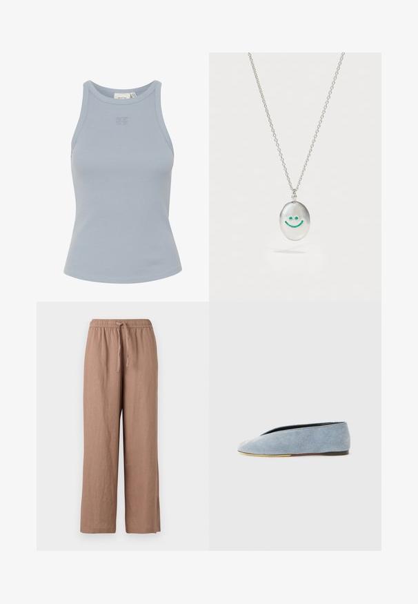 Svetlo modra brezrokavna rebrasta majica s krožnim izrezom in majhnim vezenim logotipom na sredini. Gladka tekstura, tesno prilegajoča silhueta.; Svijetlosmeđi laneni hlače širokog kroja s elastičnim pojasom i vezicom. Imaju glatku teksturu i dužinu do članka.; Denim superge v svetlo modri barvi z gladko teksturo, z obliko konice v mandljevem stilu in črnim ravnim podplatom. Minimalističen dizajn z nizkim profilom.; Srebrna ogrlica z gladkim ovalnim obeskom, ki ima graviran nasmejan obrazec okrašen z zelenimi detajli. Veriga ima medsebojno povezane členke.