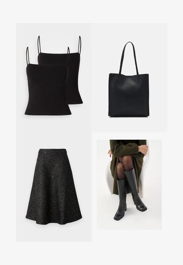 Svarte camisetter med tynne stropper, laget av et glatt, elastisk stoff og en tettsittende silhuett. Pakke med to.; Svart A-linjeet skjørt med teksturert stoff, med metalliske flekker gjennom hele. Bred midje og utsvingt silhuett, kne-lengde design.; Knæhøye sorte lærstøvler med firkantet tå og blokkhelt, vist med en modell som sitter iført en olivengrønn kåpe. Glatt tekstur, minimal detaljering.; Svart lær tote bag med glatt tekstur, rektangulær form og to lange håndtak. Ingen synlige deler eller dekorasjoner.