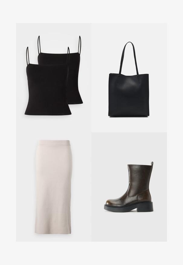 Svarte camisetter med tynne stropper, laget av et glatt, elastisk stoff og en tettsittende silhuett. Pakke med to.; Strikket blyantskjørt i en lys beige farge, med ribbestrikket midjebånd, slank passform og sidesplit for bedre bevegelsesfrihet. Myk tekstur, minimalistisk design.; Mørkebrun skinnstøvlett til midt på leggen med rund tå, tykk svart såle, lav blokkhel og trekkflik bak.; Svart lær tote bag med glatt tekstur, rektangulær form og to lange håndtak. Ingen synlige deler eller dekorasjoner.