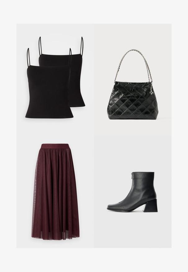 Svart linne med tunna axelremmar, i en mjuk och elastisk tygkvalitet samt en figurnära silhuett. Tvåpack.; Mörk vinröd midi-tullkjol med en bred elastisk midja och långa dekorativa sidband.; Svart läderankelboot med fyrkantig tå, sidodragkedja och klack mot en enkel ljus bakgrund.; Svart quiltad läderhandväska med ett handtag i silverkedja, med en strukturerad design och slät yta.