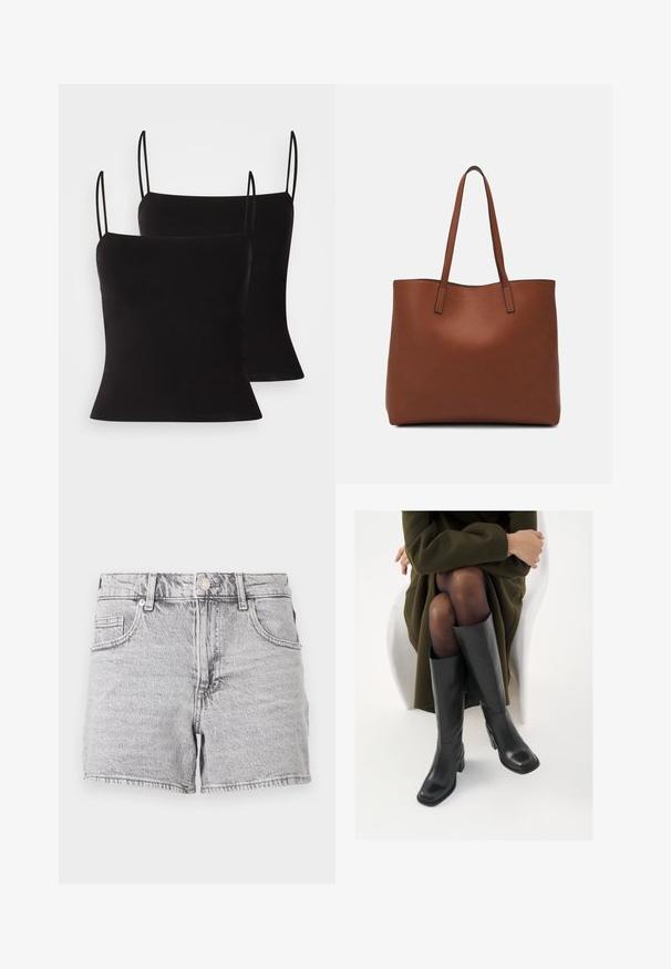 Camisetas de tirantes finos negras, con un tejido suave y elástico y una silueta ajustada. Diseño de paquete de dos.; Pantalones cortos de mezclilla gris de cintura alta, con diseño de cinco bolsillos y dobladillo deshilachado. La tela tiene una textura suave y un aspecto deslavado.; Botas de cuero negro hasta la rodilla con puntera cuadrada y tacón de bloque, presentadas con un modelo sentado en un abrigo verde oliva. Textura suave, mínimo detalle.; Bolso tote de cuero marrón con una textura suave, diseño de apertura superior y dos correas para el hombro. Presenta una costura mínima y sin herrajes visibles.