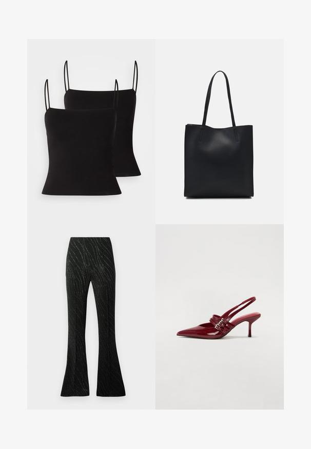 Camisetas de tirantes finos negras, con un tejido suave y elástico y una silueta ajustada. Diseño de paquete de dos.; Pantalones de campana negros hechos de una tela con una textura suave, con un patrón ondulado de hilo plateado. Corte ajustado con pliegues delanteros.; Zapatos de tacón tipo slingback en charol rojo con punta afilada, dos correas con hebilla y un tacón de stiletto delgado y de altura media. Textura suave.; Bolso tote de cuero negro con textura lisa, forma rectangular y dos asas largas. Sin herrajes ni adornos visibles.